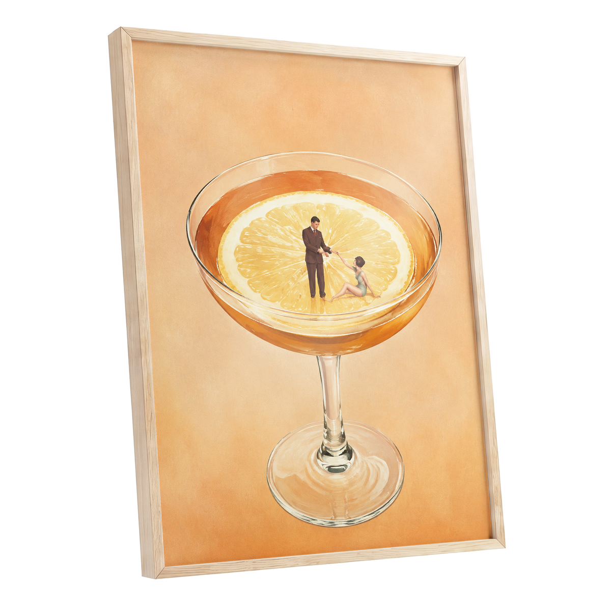 A Citrus Rendezvous, orange, yellow, beige minimalist wall art shown as a oak framed poster wall art print