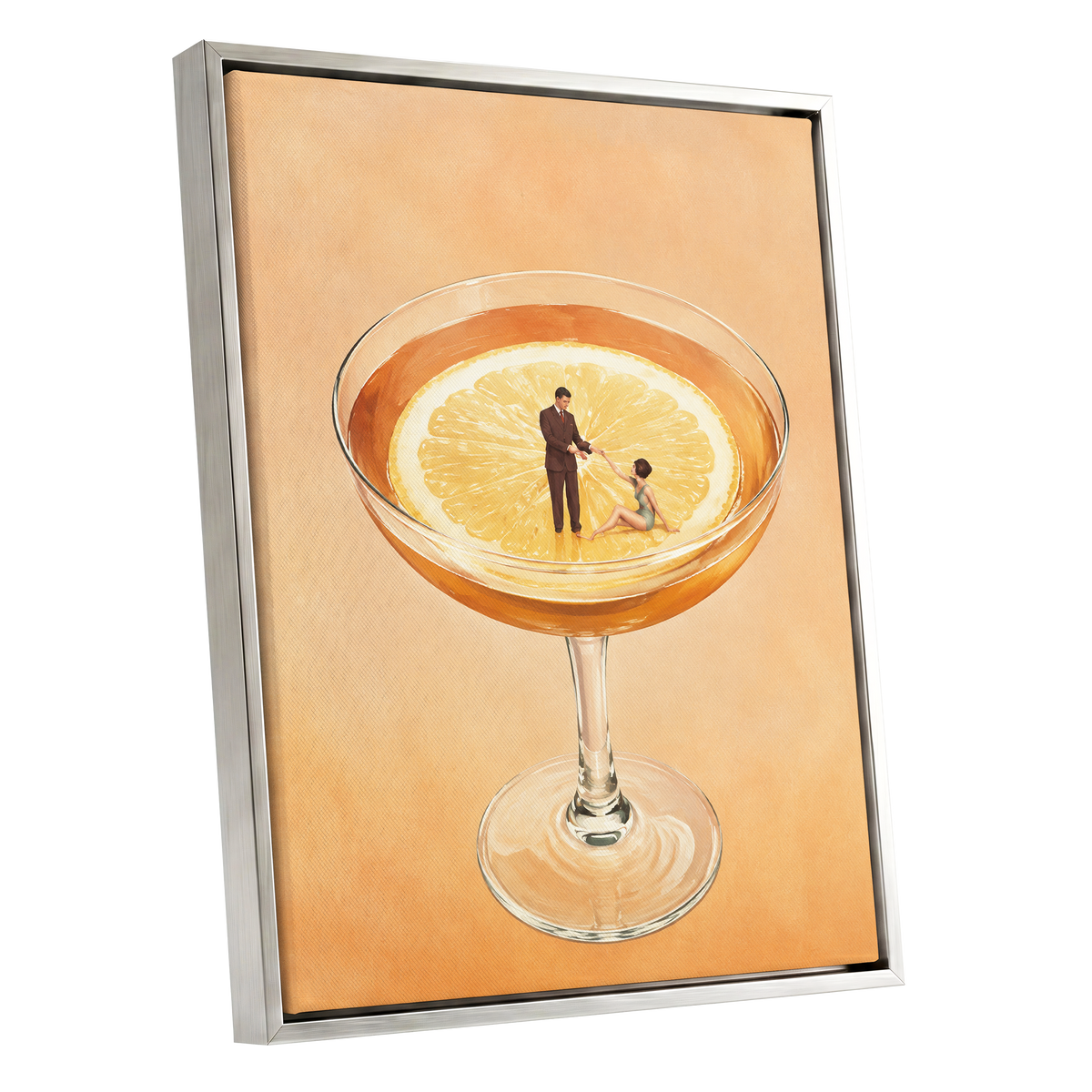 A Citrus Rendezvous, orange, yellow, beige minimalist wall art shown as a silver framed canvas wall art