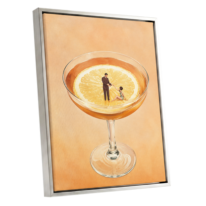 A Citrus Rendezvous, orange, yellow, beige minimalist wall art shown as a silver framed canvas wall art