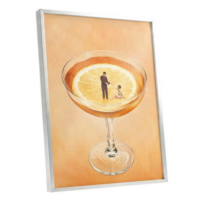 A Citrus Rendezvous, orange, yellow, beige minimalist wall art shown as a silver framed poster wall art print