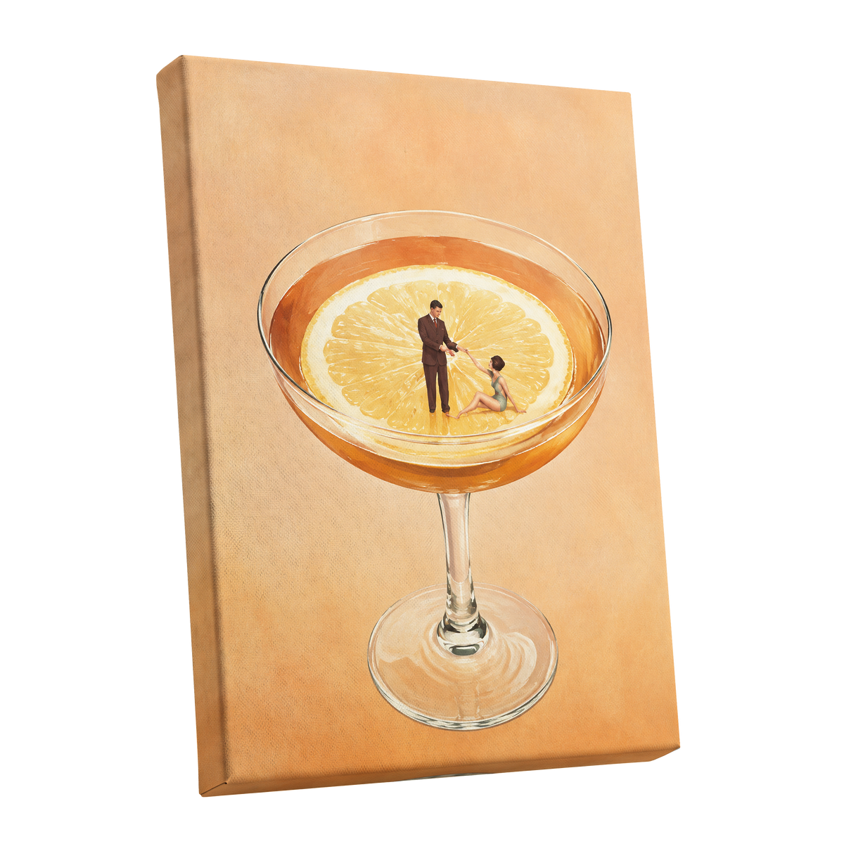 A Citrus Rendezvous, orange, yellow, beige minimalist wall art shown as a stretched canvas wall art
