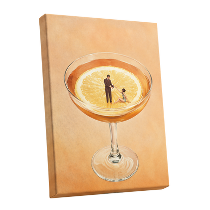 A Citrus Rendezvous, orange, yellow, beige minimalist wall art shown as a stretched canvas wall art