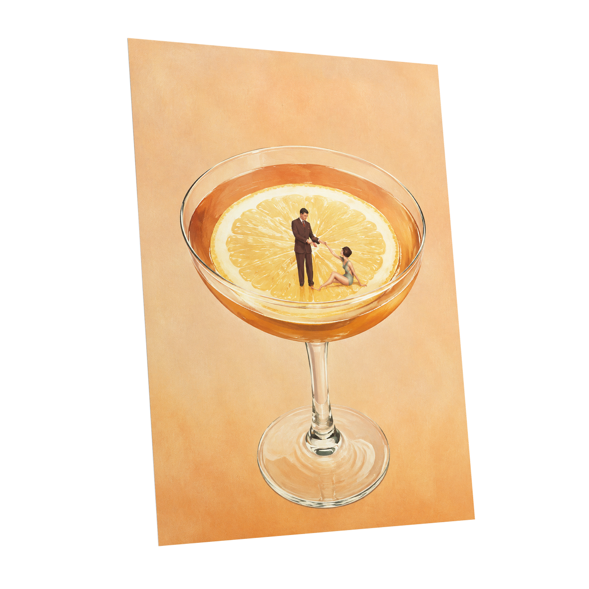 A Citrus Rendezvous, orange, yellow, beige minimalist wall art shown as a unframed poster wall art print