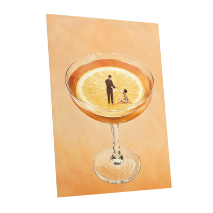 A Citrus Rendezvous, orange, yellow, beige minimalist wall art shown as a unframed poster wall art print