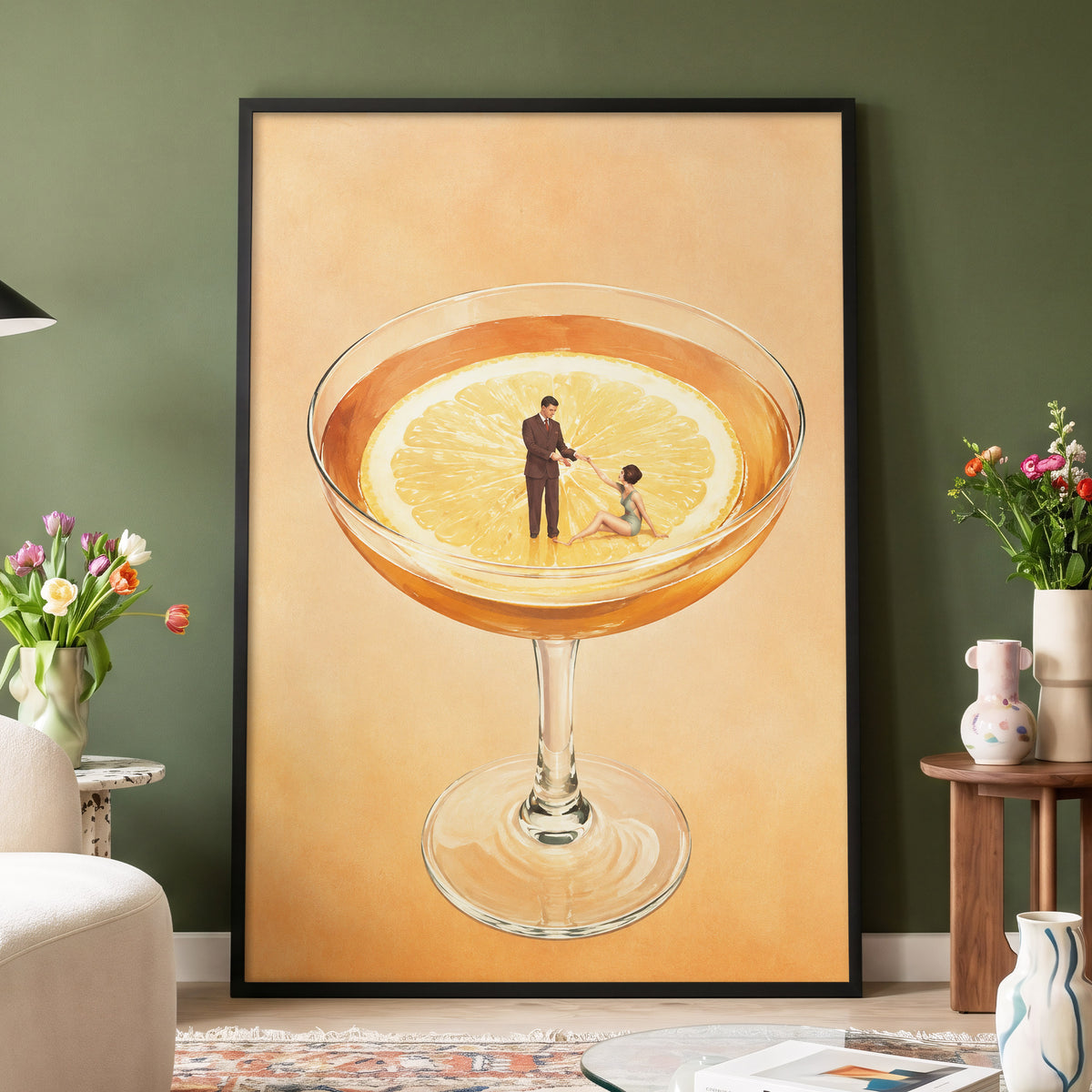 A Citrus Rendezvous, orange, yellow, beige minimalist wall art displayed in a styled interior, gallery view 2