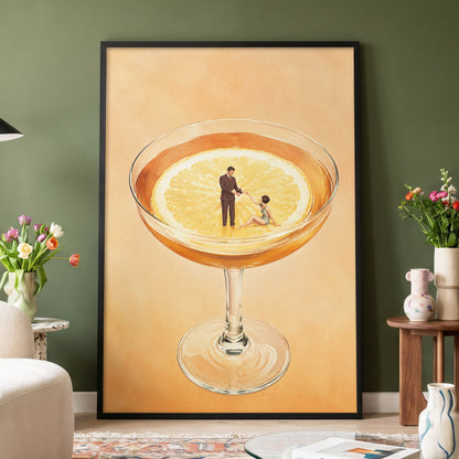 A Citrus Rendezvous, orange, yellow, beige minimalist wall art displayed in a styled interior, gallery view 2