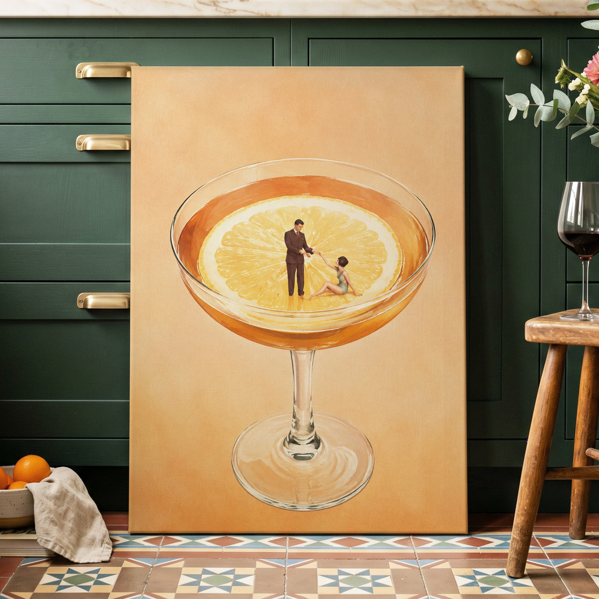 A Citrus Rendezvous, orange, yellow, beige minimalist wall art displayed in a styled interior, gallery view 3