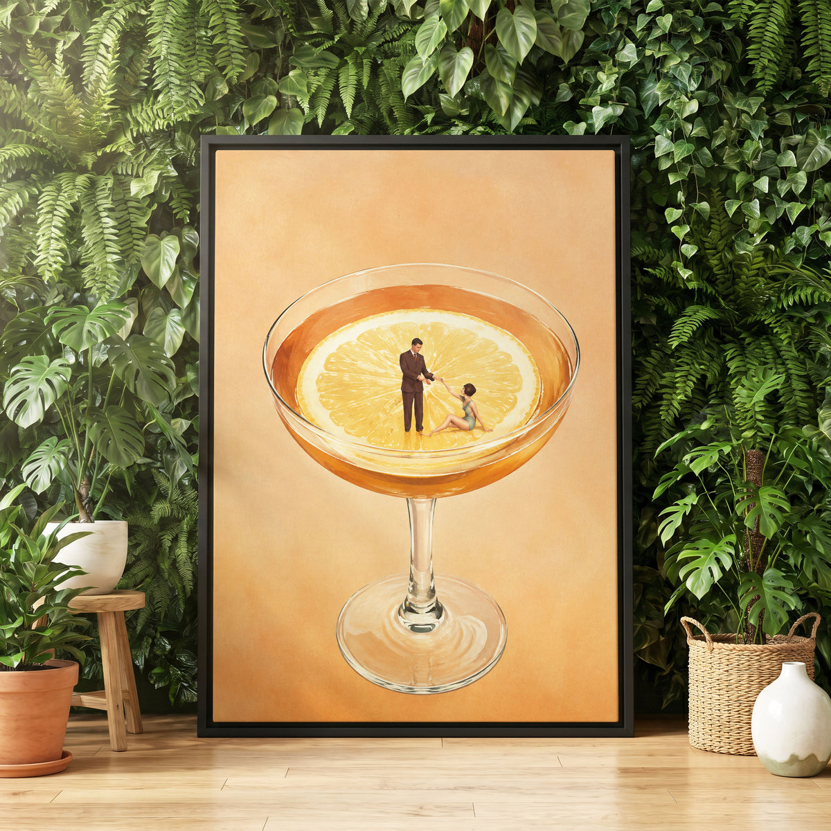 A Citrus Rendezvous, orange, yellow, beige minimalist wall art displayed in a styled interior, gallery view 4