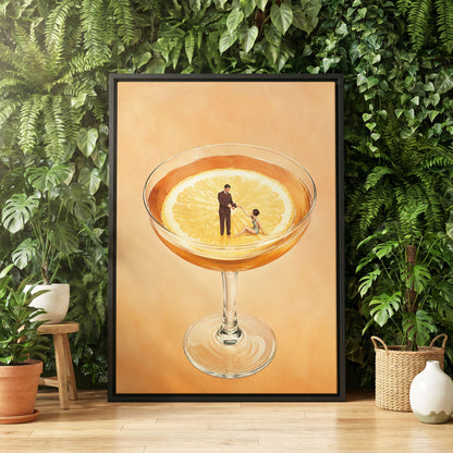 A Citrus Rendezvous, orange, yellow, beige minimalist wall art displayed in a styled interior, gallery view 4