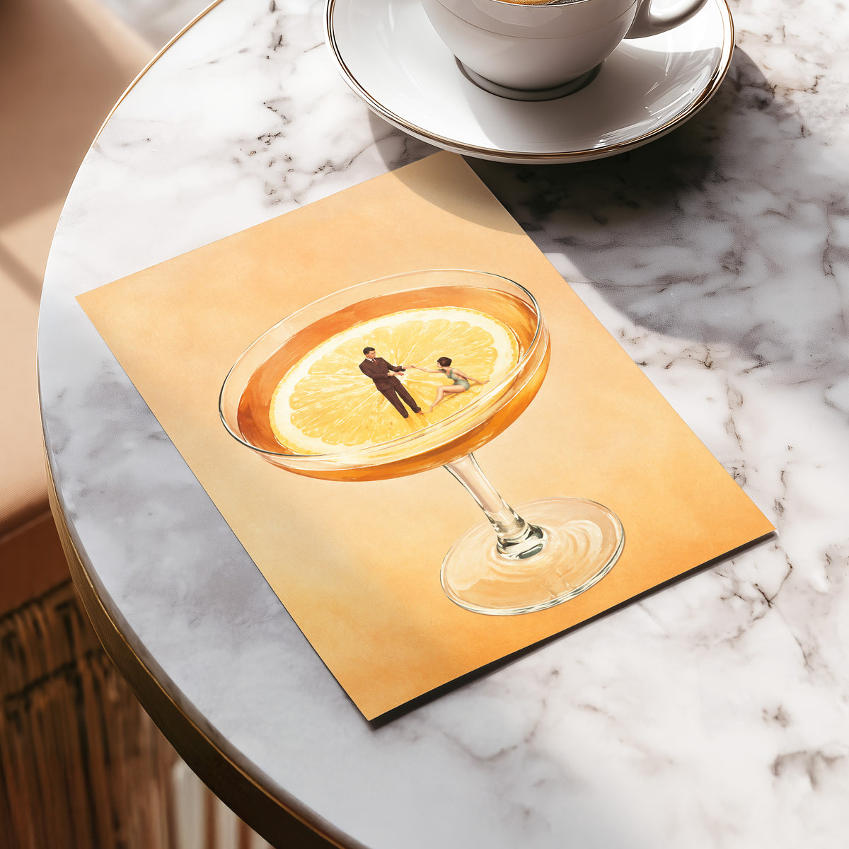 A Citrus Rendezvous, orange, yellow, beige minimalist wall art displayed in a styled interior, gallery view 5