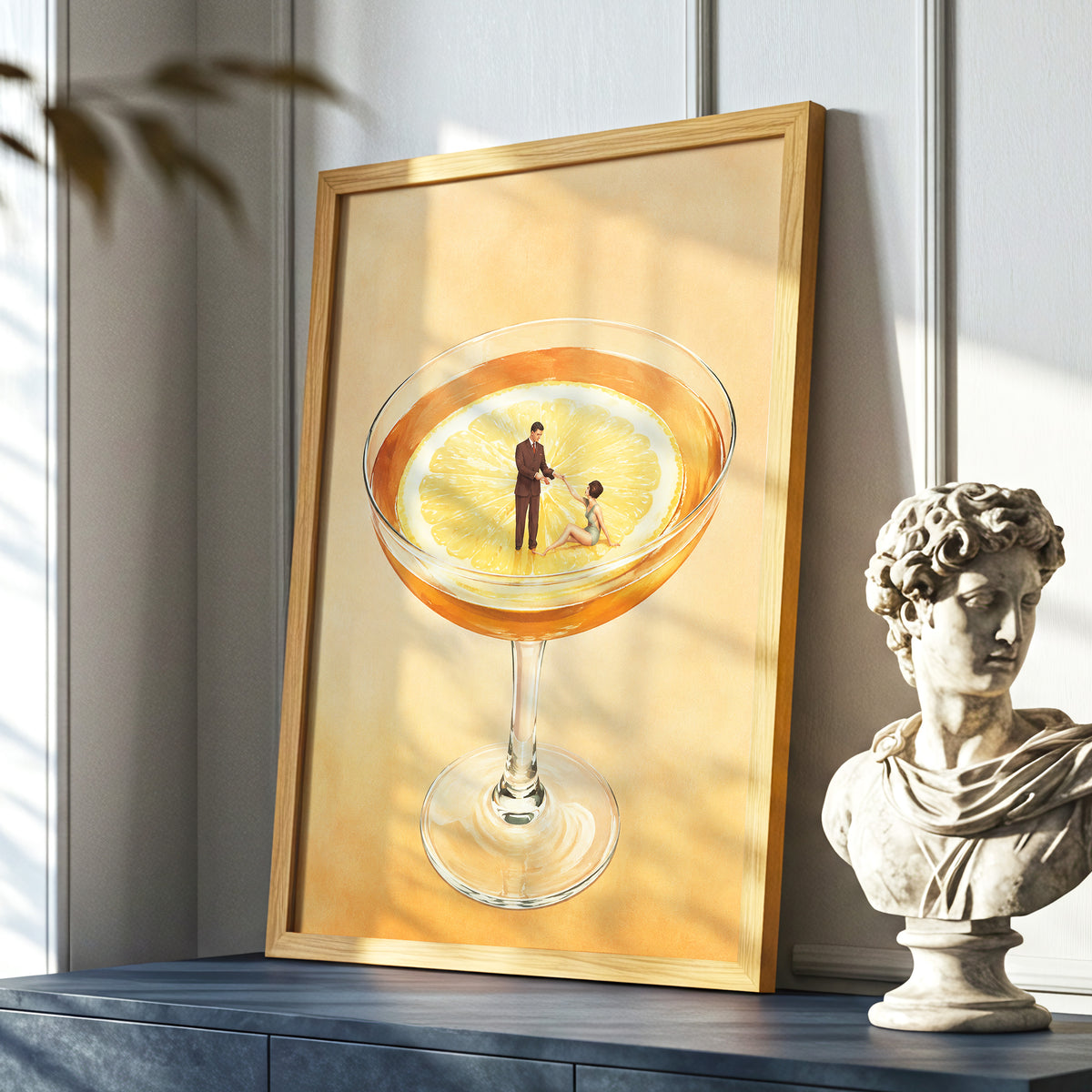 A Citrus Rendezvous, orange, yellow, beige minimalist wall art displayed in a styled interior, gallery view 6