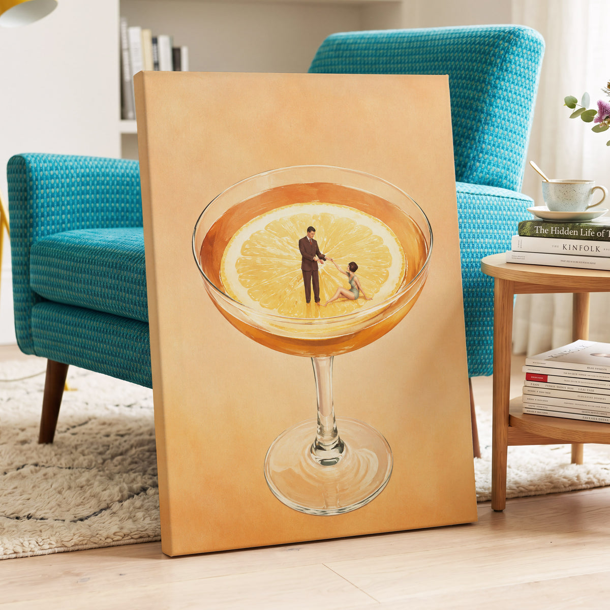 A Citrus Rendezvous, orange, yellow, beige minimalist wall art displayed in a styled interior, gallery view 7