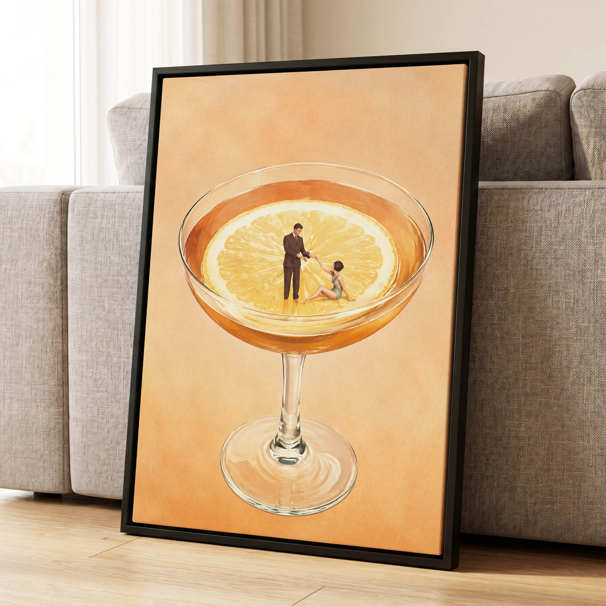 A Citrus Rendezvous, orange, yellow, beige minimalist wall art displayed in a styled interior, gallery view 8