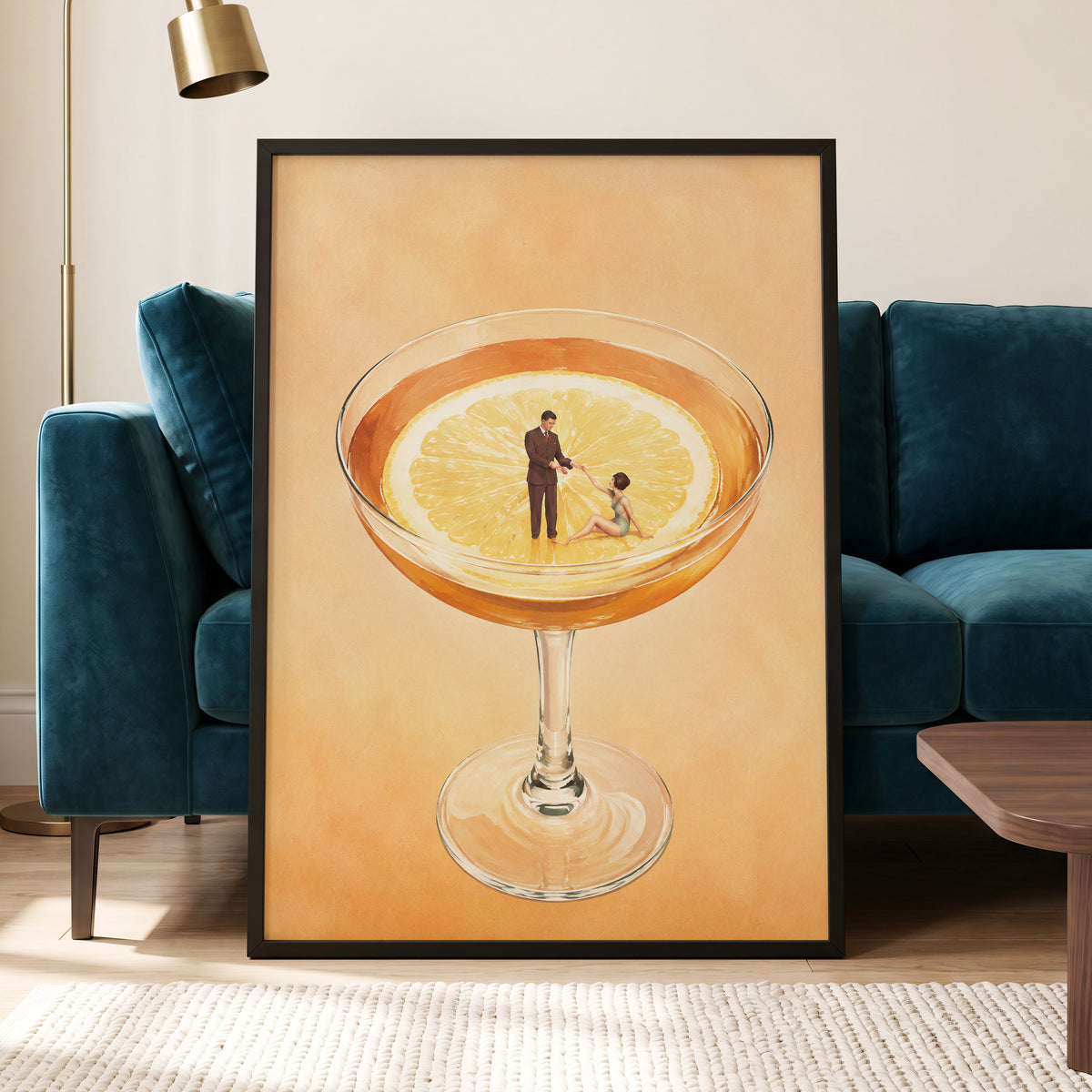 A Citrus Rendezvous, orange, yellow, beige minimalist wall art displayed in a styled interior, gallery view 9