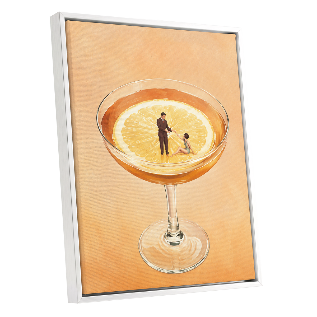 A Citrus Rendezvous, orange, yellow, beige minimalist wall art shown as a white framed canvas wall art