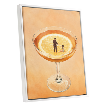 A Citrus Rendezvous, orange, yellow, beige minimalist wall art shown as a white framed canvas wall art
