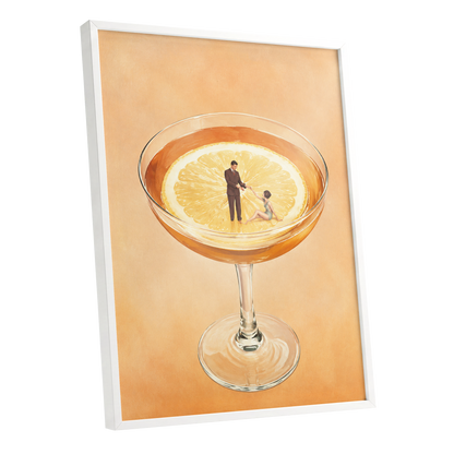 A Citrus Rendezvous, orange, yellow, beige minimalist wall art shown as a white framed poster wall art print