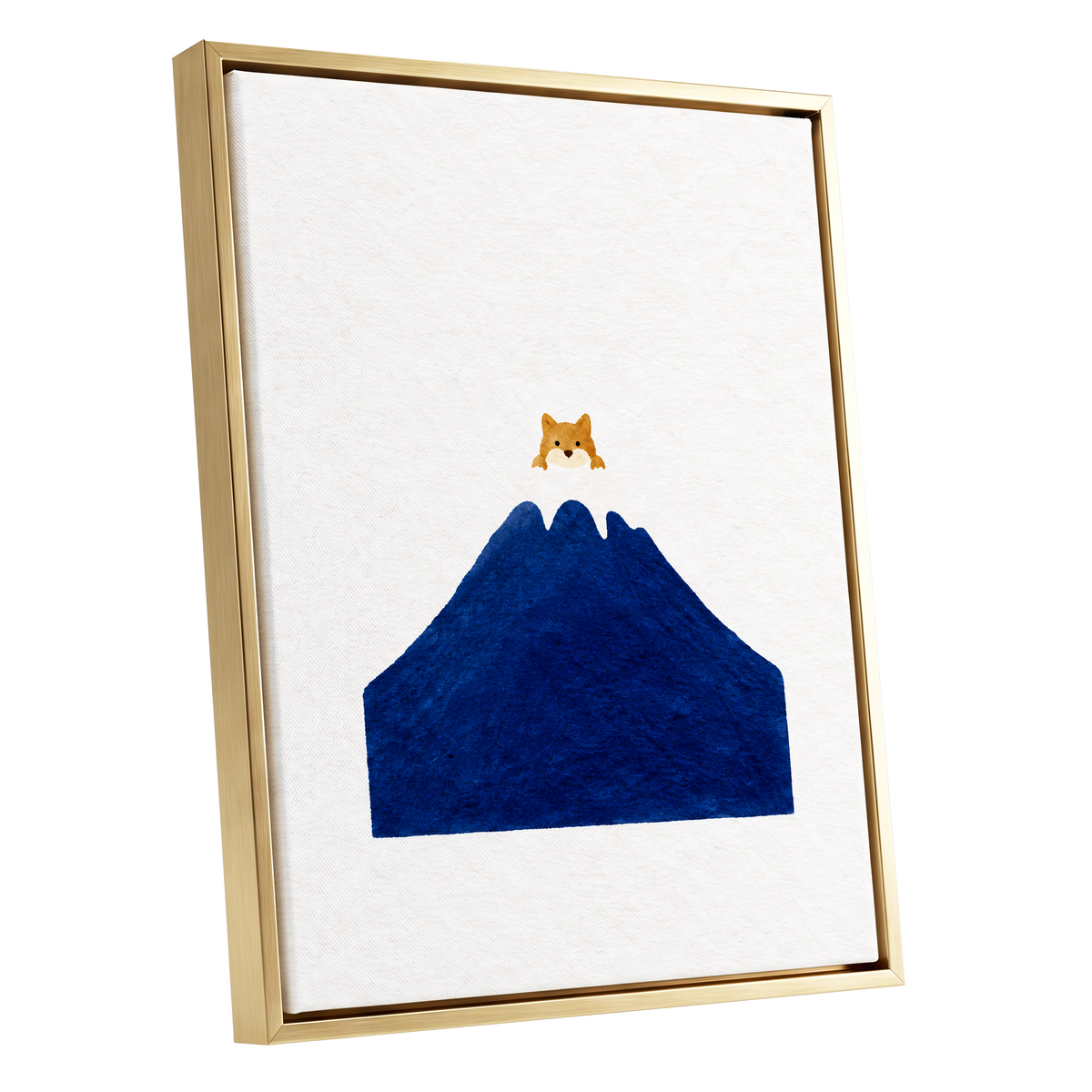 A Fox Above the Blue, blue, white, orange nature wall art shown as a gold framed canvas wall art