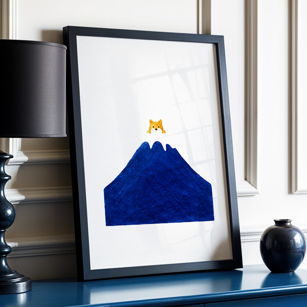 A Fox Above the Blue, blue, white, orange nature wall art displayed in a styled interior, gallery view 2