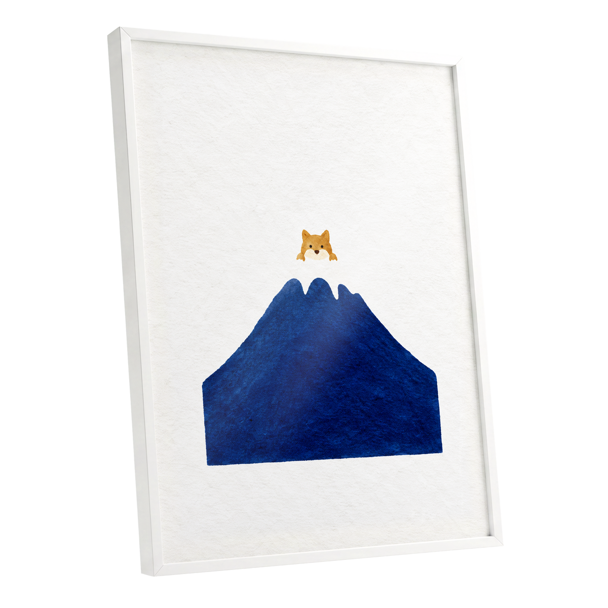 A Fox Above the Blue, blue, white, orange nature wall art shown as a white framed poster wall art print