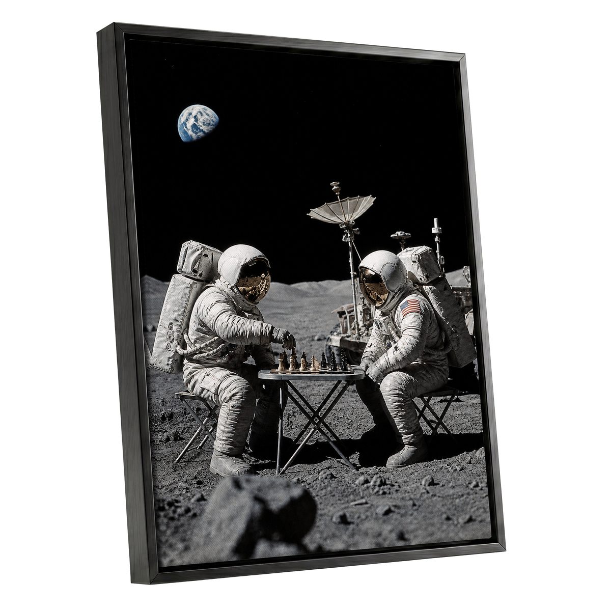 A Game Above Earth, black, gray, white minimalist wall art shown as a black framed canvas wall art