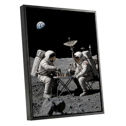 A Game Above Earth, black, gray, white minimalist wall art shown as a black framed canvas wall art