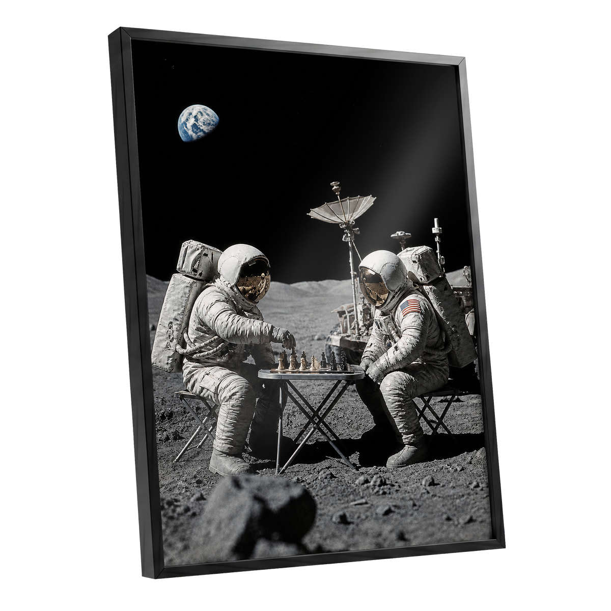 A Game Above Earth, black, gray, white minimalist wall art shown as a black framed poster wall art print