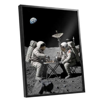 A Game Above Earth, black, gray, white minimalist wall art shown as a black framed poster wall art print