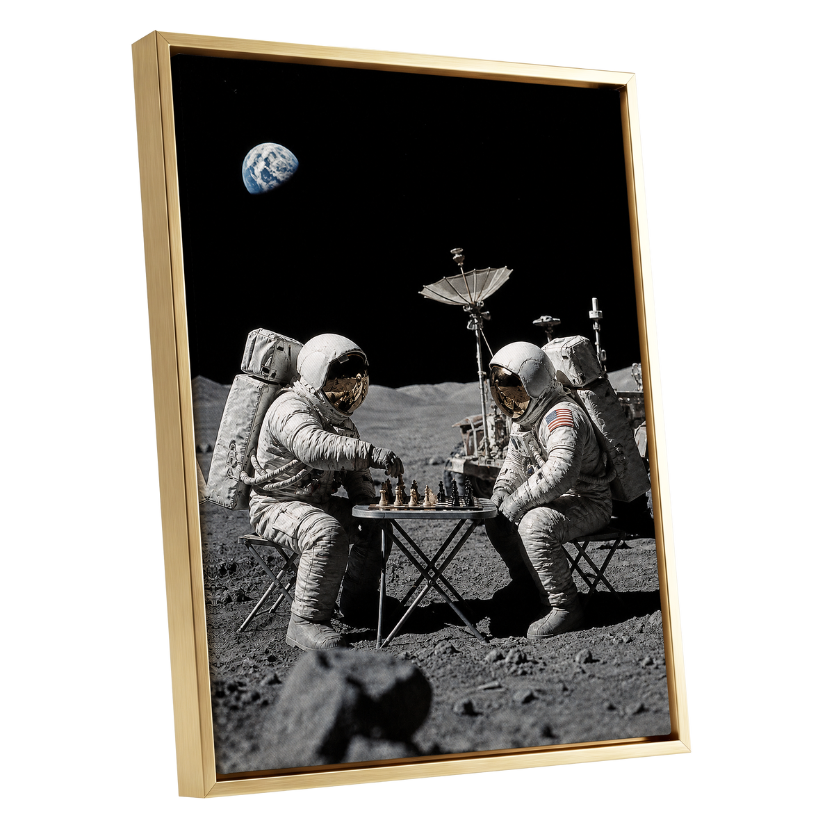 A Game Above Earth, black, gray, white minimalist wall art shown as a gold framed canvas wall art