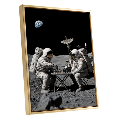 A Game Above Earth, black, gray, white minimalist wall art shown as a gold framed canvas wall art