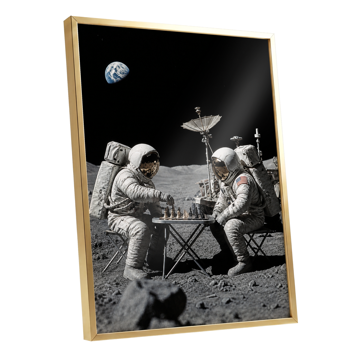 A Game Above Earth, black, gray, white minimalist wall art shown as a gold framed poster wall art print