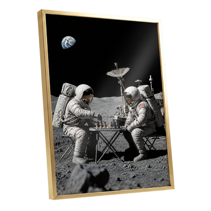 A Game Above Earth, black, gray, white minimalist wall art shown as a gold framed poster wall art print
