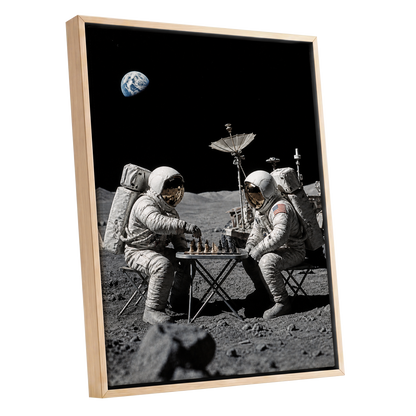A Game Above Earth, black, gray, white minimalist wall art shown as a oak framed canvas wall art