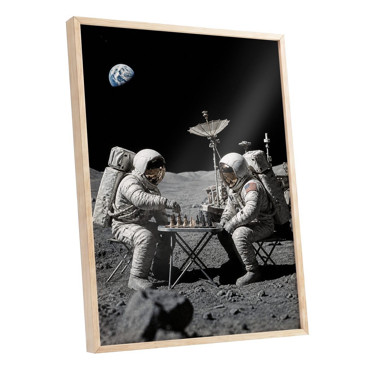A Game Above Earth, black, gray, white minimalist wall art shown as a oak framed poster wall art print