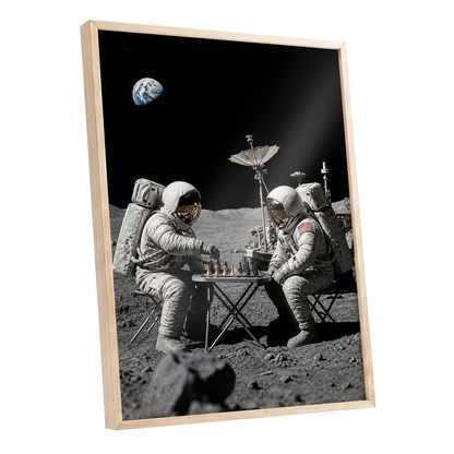 A Game Above Earth, black, gray, white minimalist wall art shown as a oak framed poster wall art print