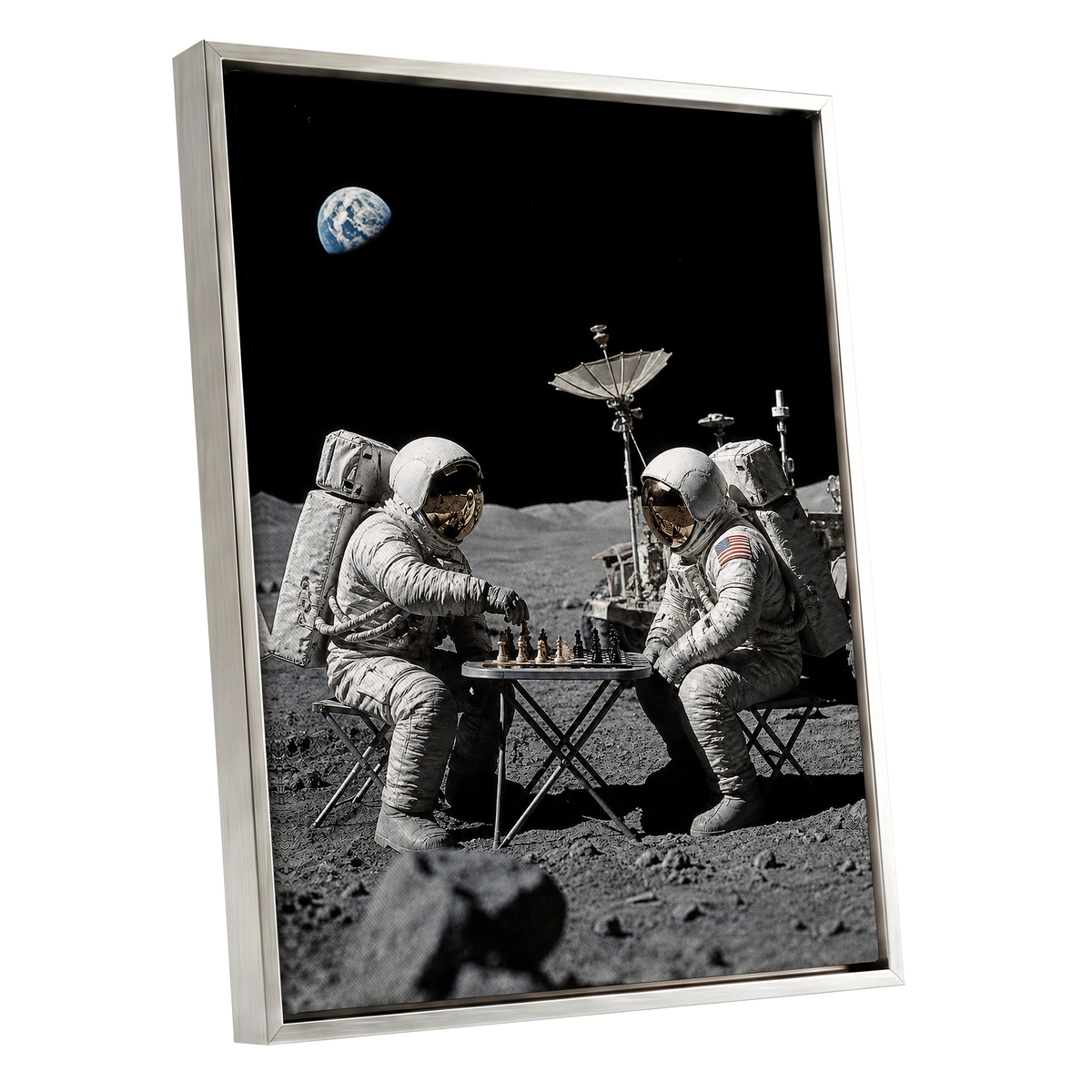 A Game Above Earth, black, gray, white minimalist wall art shown as a silver framed canvas wall art