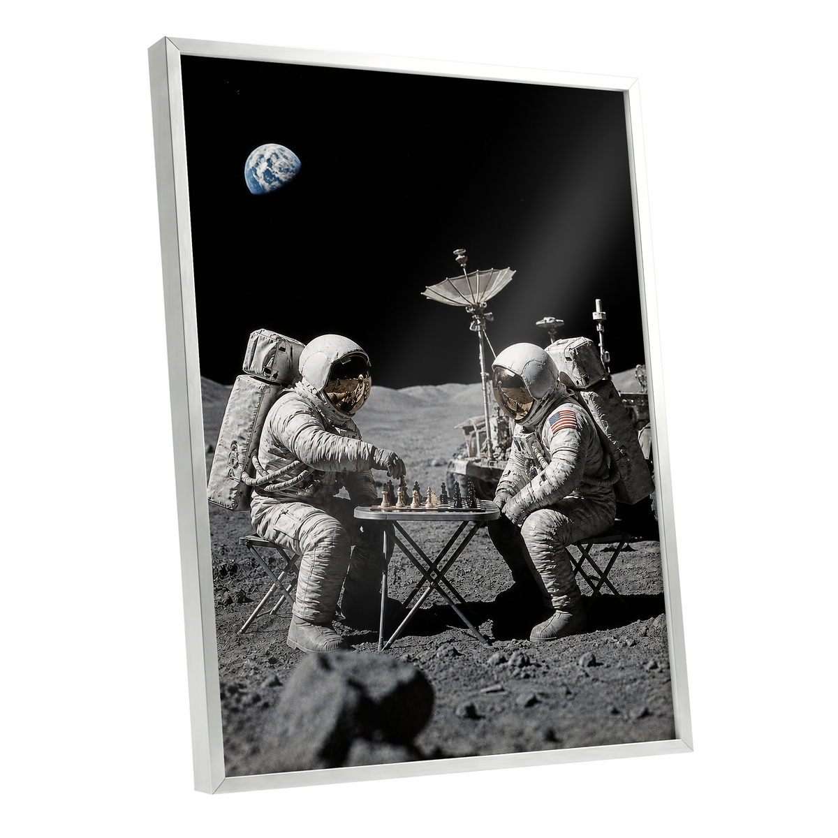 A Game Above Earth, black, gray, white minimalist wall art shown as a silver framed poster wall art print