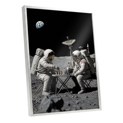 A Game Above Earth, black, gray, white minimalist wall art shown as a silver framed poster wall art print