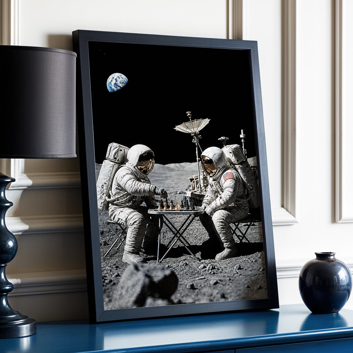A Game Above Earth, black, gray, white minimalist wall art displayed in a styled interior, gallery view 2