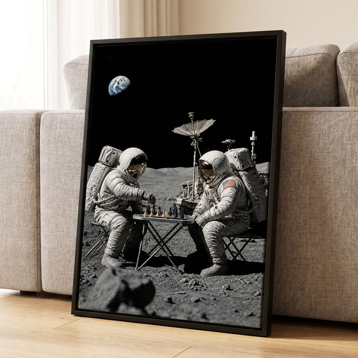 A Game Above Earth, black, gray, white minimalist wall art displayed in a styled interior, gallery view 4