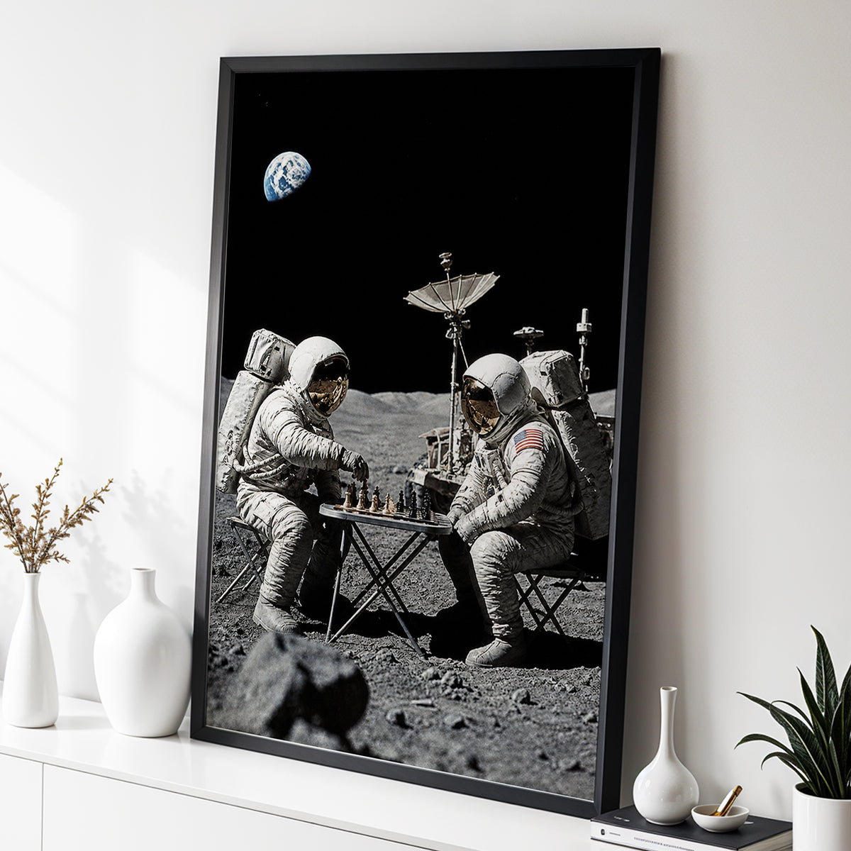 A Game Above Earth, black, gray, white minimalist wall art displayed in a styled interior, gallery view 6