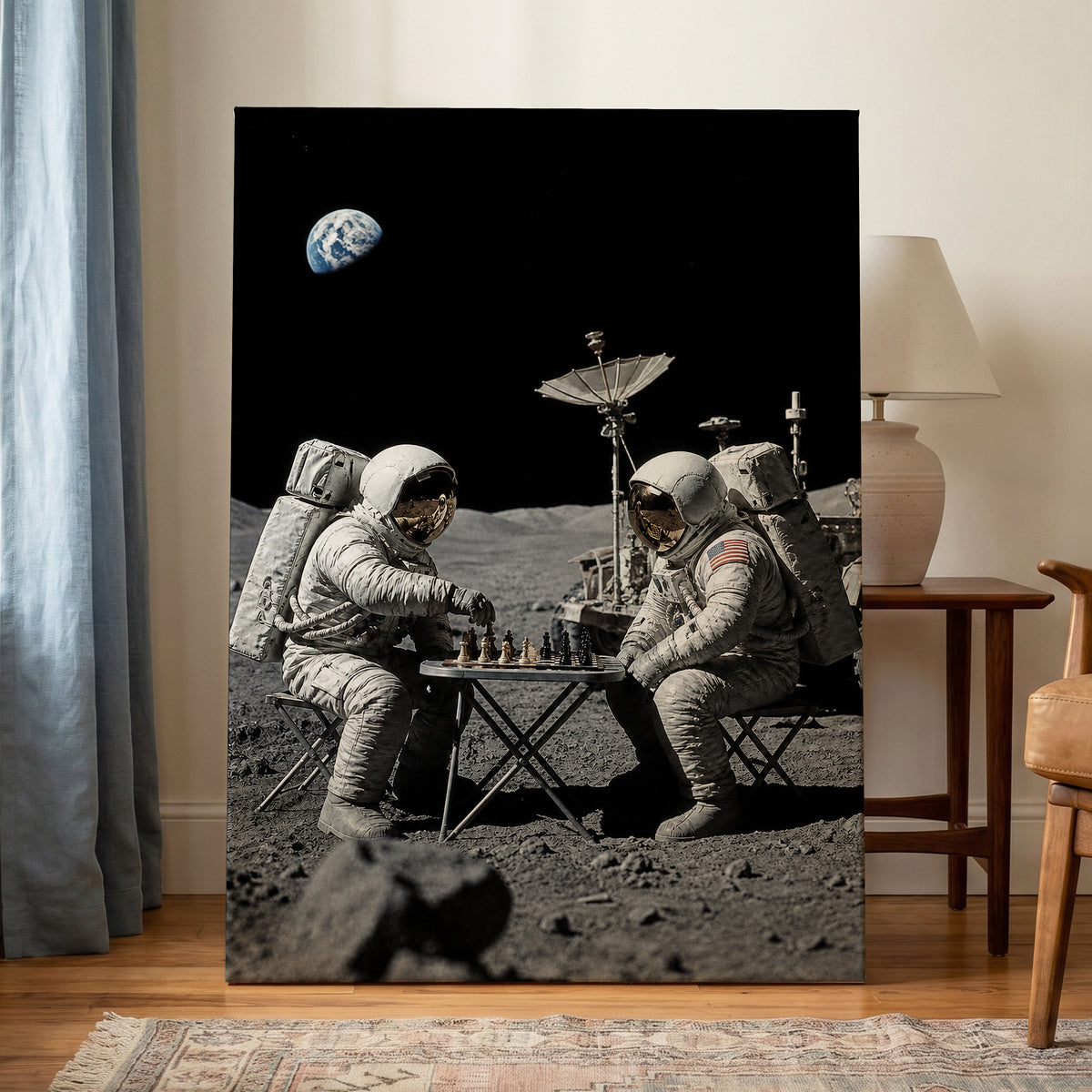 A Game Above Earth, black, gray, white minimalist wall art displayed in a styled interior, gallery view 7