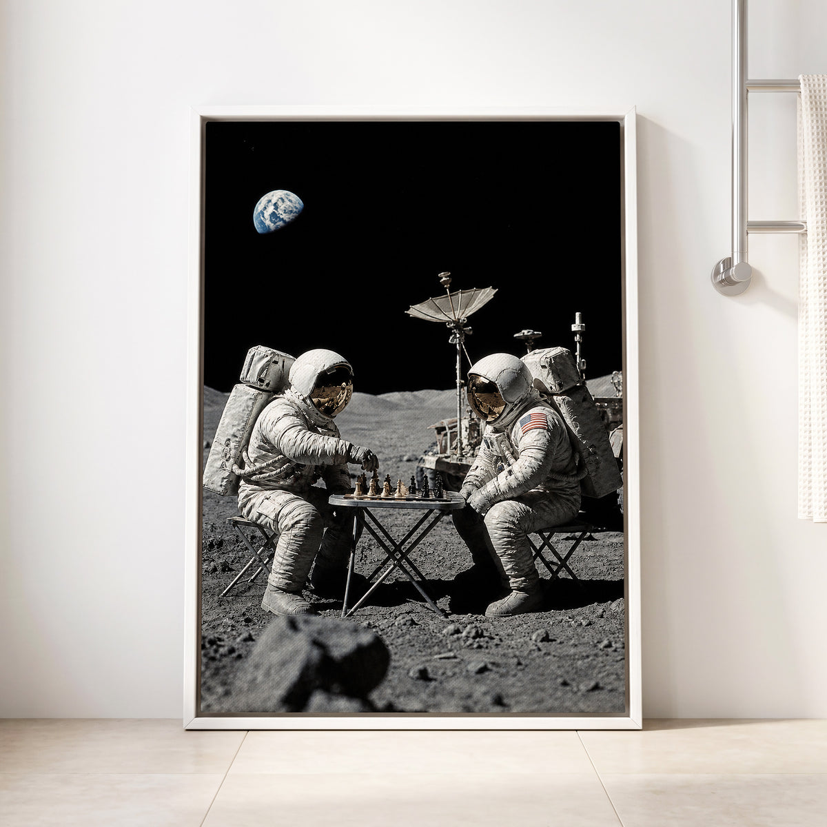 A Game Above Earth, black, gray, white minimalist wall art displayed in a styled interior, gallery view 8