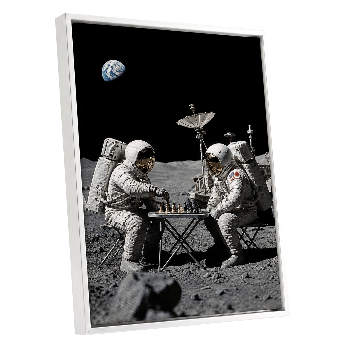 A Game Above Earth, black, gray, white minimalist wall art shown as a white framed canvas wall art
