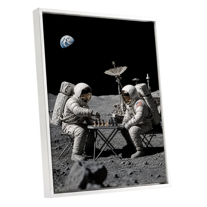 A Game Above Earth, black, gray, white minimalist wall art shown as a white framed canvas wall art