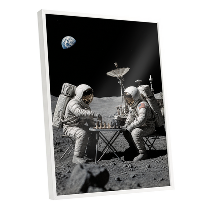 A Game Above Earth, black, gray, white minimalist wall art shown as a white framed poster wall art print