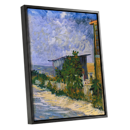A Lane in Bloom, blue, green, yellow nature wall art shown as a black framed canvas wall art