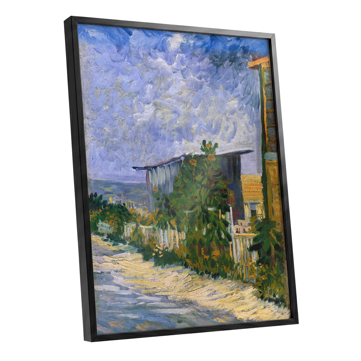 A Lane in Bloom, blue, green, yellow nature wall art shown as a black framed poster wall art print