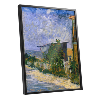 A Lane in Bloom, blue, green, yellow nature wall art shown as a black framed poster wall art print