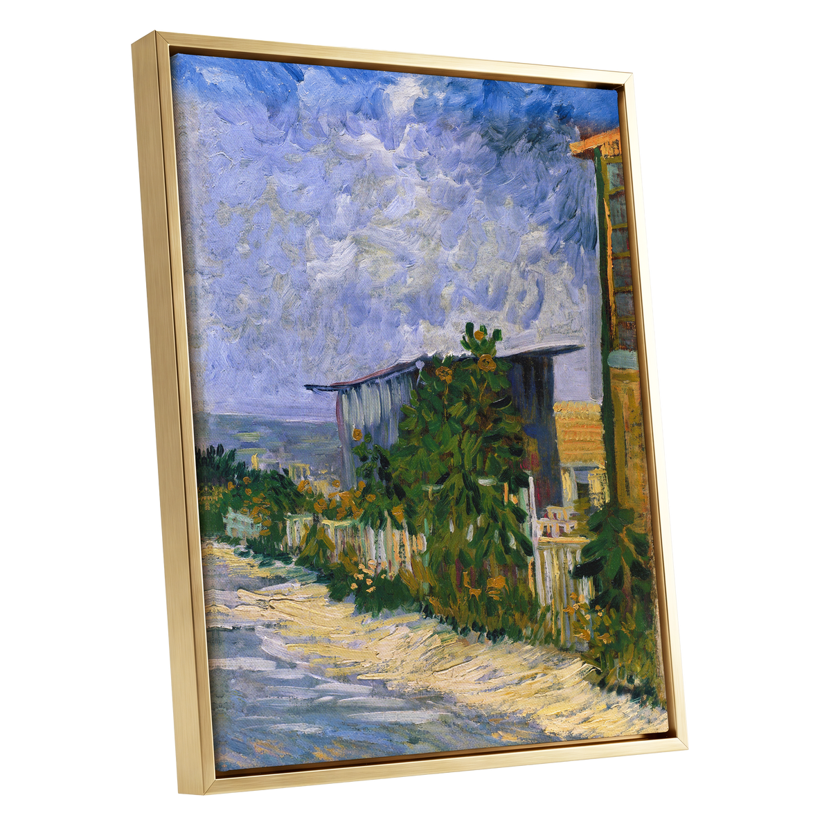 A Lane in Bloom, blue, green, yellow nature wall art shown as a gold framed canvas wall art